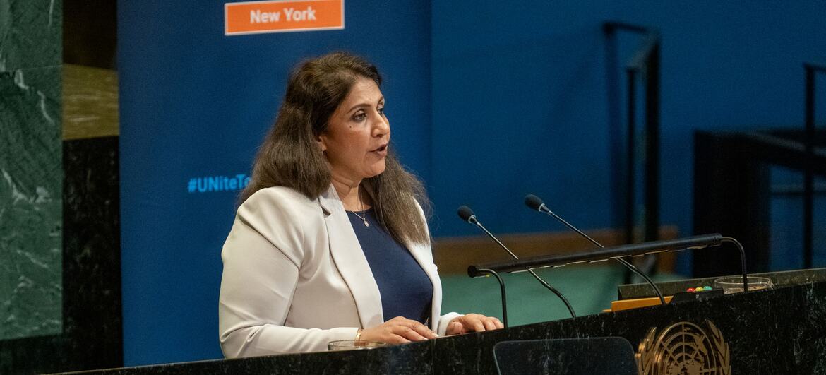 Fatima Ali Haider speaks at a podium during the 2026 UN Counter-Terrorism Conference in New York.