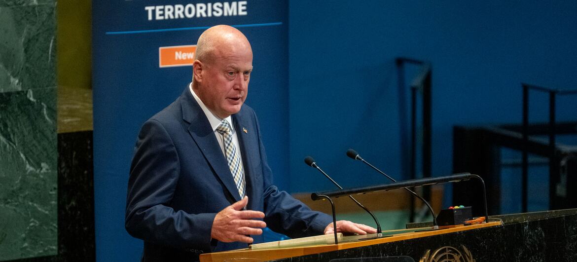 John P. Huvane speaks at a podium during the UN Counter-Terrorism Week at the United Nations Headquarters in New York.