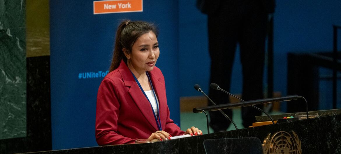Rimma Zhunusova speaks at a podium during the 2026 Counter-Terrorism Week at the United Nations in New York.