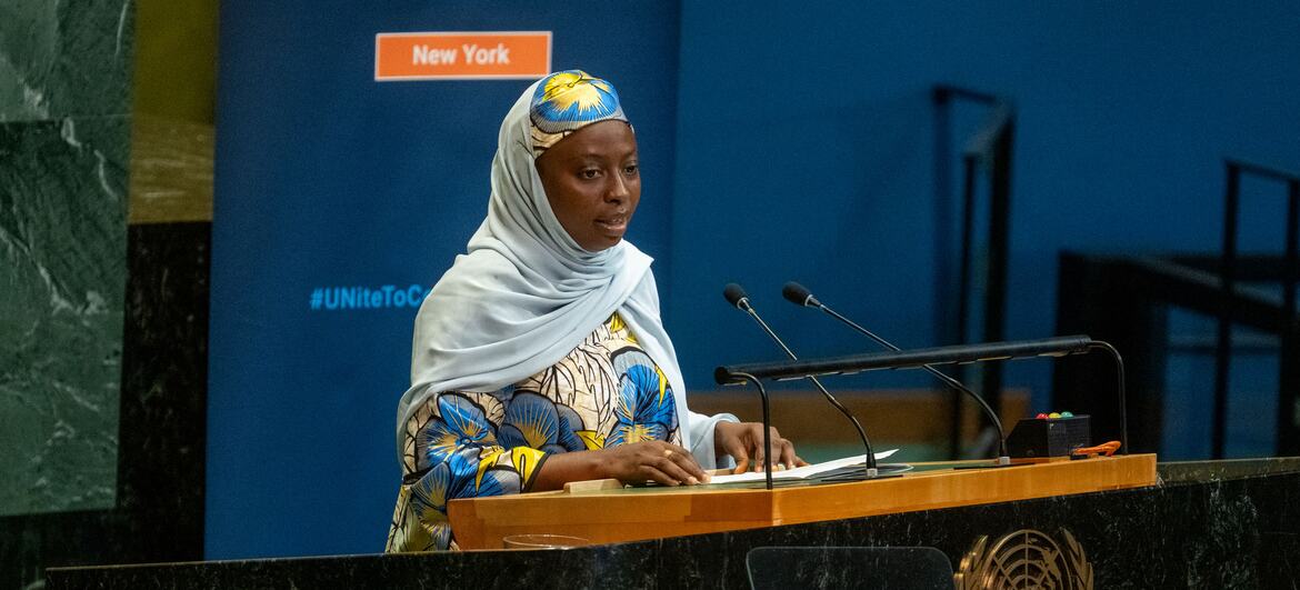 Shamsiya Ibrahim Barde speaks at a podium during a UN Counter-Terrorism Week event in New York.