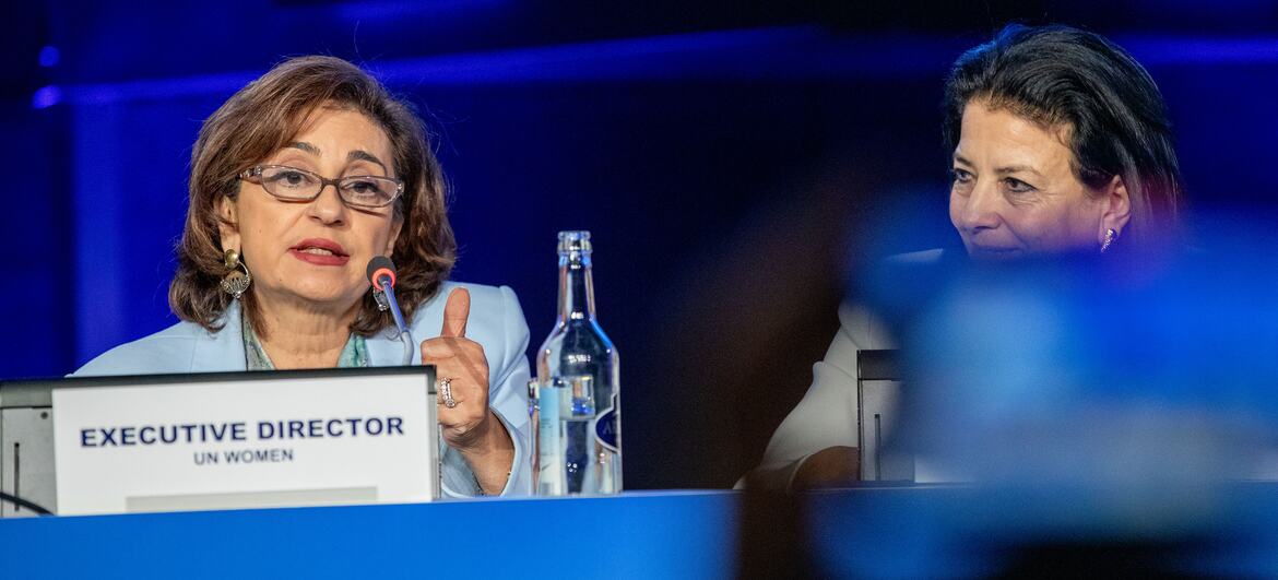 UN Women Executive Director Sima Bahous speaks at a conference panel in Geneva, Switzerland.