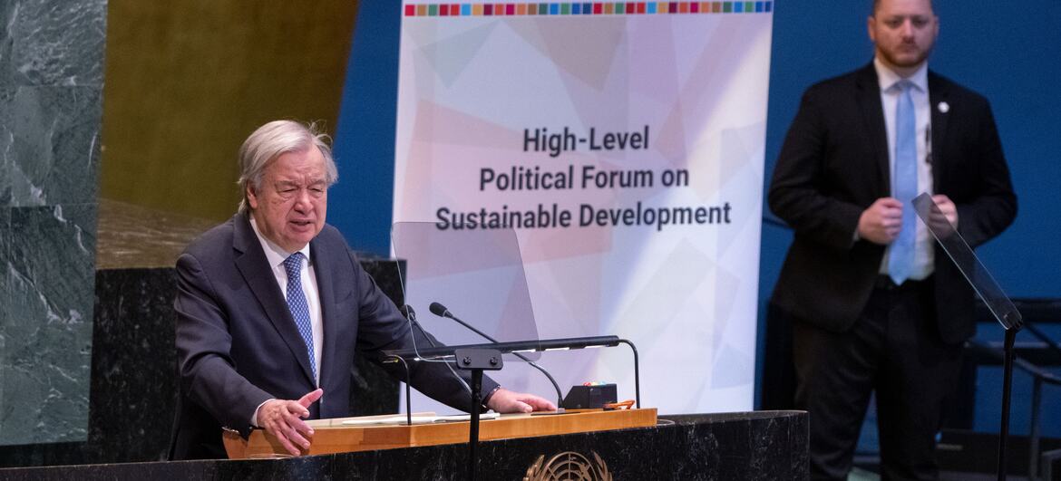 UN Secretary-General António Guterres speaks at a podium during the High-Level Political Forum on Sustainable Development at the UN Headquarters in New York.