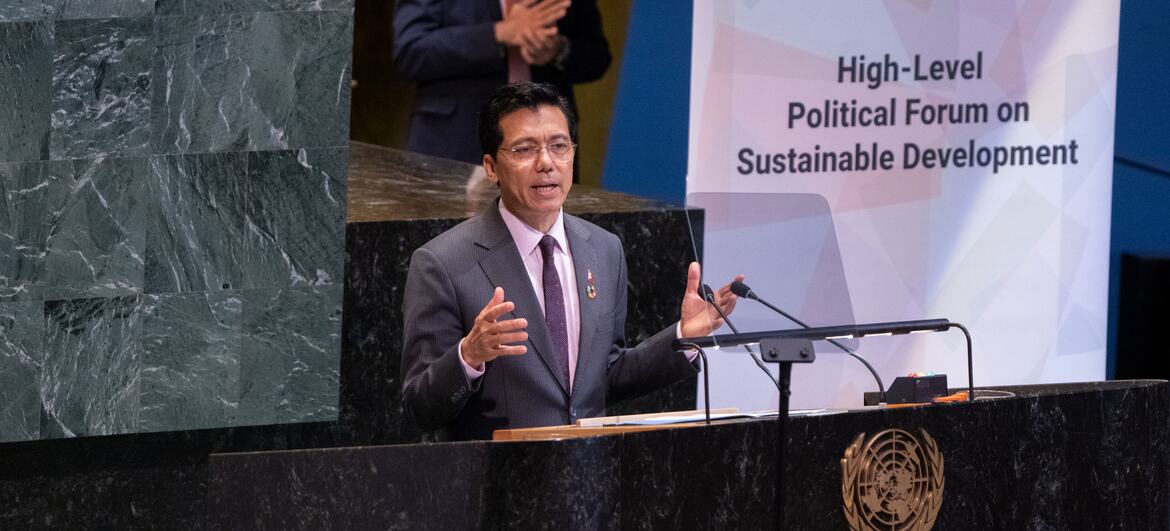 UN Secretary-General Lok Bahadur Thapa speaks at a podium during the High-Level Political Forum on Sustainable Development.