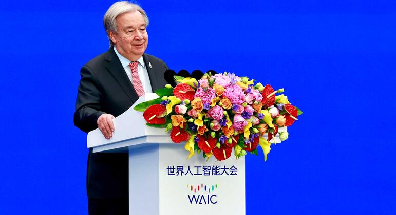 联合国秘书长安东尼奥·古特雷斯在中国上海举行的世界人工智能大会（WAIC）上发表讲话。