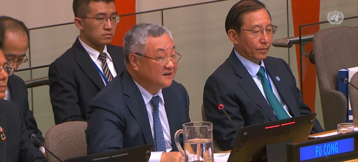 联合国安理会正式会议，代表们围坐在长桌旁。