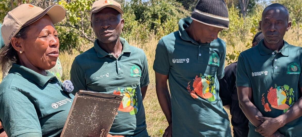 Mfanyakazi wa kilimo mwanamke akiwaonyesha kikundi cha wakulima wanaume kibandiko cha kunakili wakati wa mafunzo ya ufugaji nyuki nchini Tanzania.