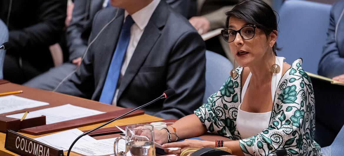 Una delegada colombiana interviene en un debate abierto del Consejo de Seguridad de la ONU sobre la gobernanza de los recursos naturales en Nueva York.