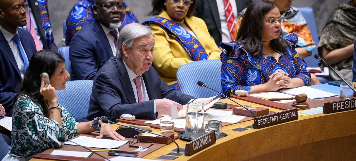 UN Secretary-General António Guterres speaks at a podium during a Security Council open debate on natural resources governance at the United Nations headquarters in New York.