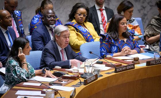 UN Photo/Loey Felipe Secretary-General António Guterres (centre) addresses the UN Security Council meeting on natural resources governance.