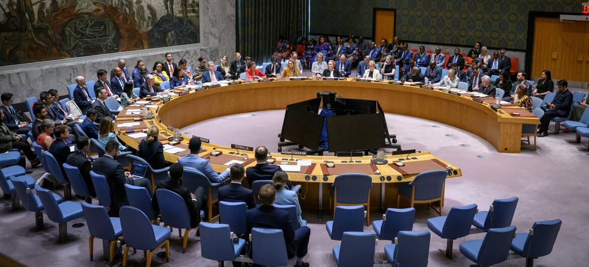 Vista panorámica del Consejo de Seguridad de las Naciones Unidas en sesión, con los delegados sentados alrededor de una gran mesa curva para un debate abierto sobre la gobernanza de los recursos naturales.