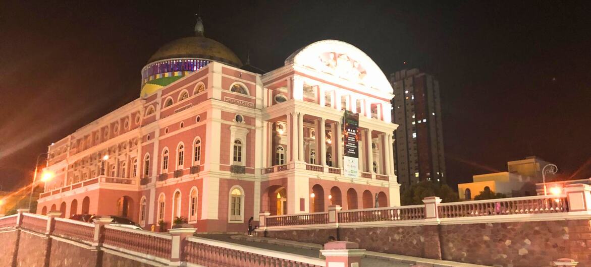 Teatro Amazonas in Manaus, Brazil, illuminated at night.