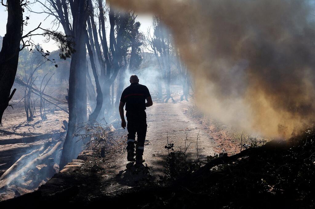 Un pompier traverse une zone enfumée et jonchée d'arbres calcinés après un incendie de forêt à Ille-sur-Tet, en France.