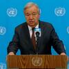 UN سکریٹری جنرل انتونیو گوٹیرس نیویارک میں United Nations ہیڈ کوارٹر میں پریس اسٹیک آؤٹ کے دوران ایک پوڈیم سے خطاب کر رہے ہیں۔