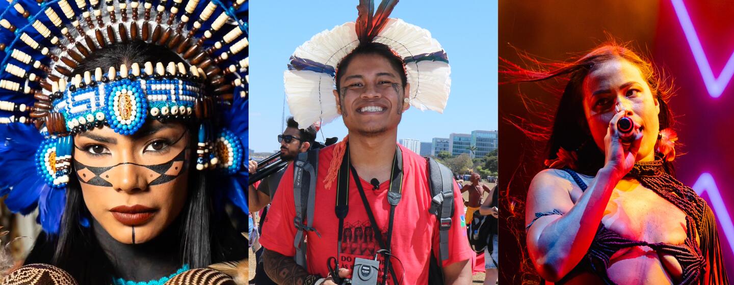 A triptych image showing an indigenous woman in traditional attire and face paint, a smiling indigenous man with a camera wearing a feathered headdress, and a female performer singing on stage.