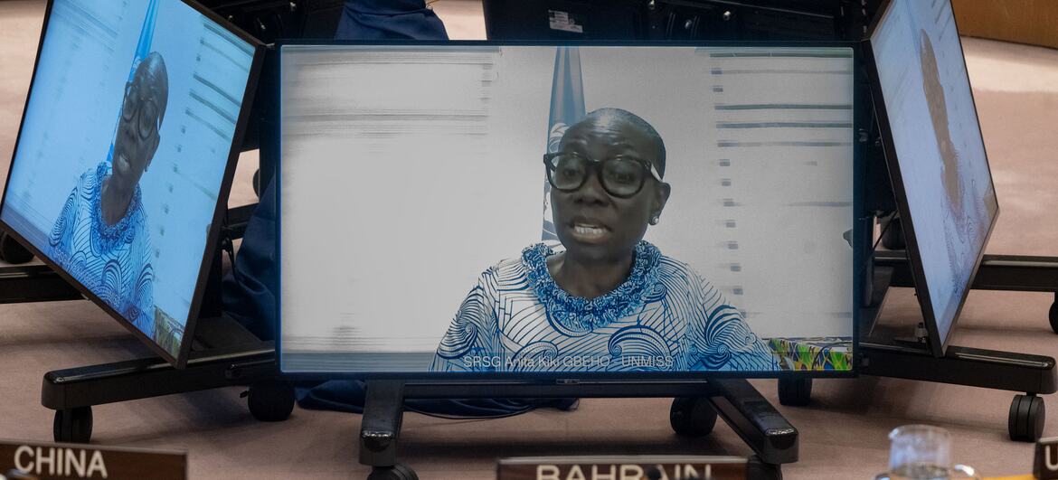 Anita Kiki Gbeho apparaît sur un écran lors d'une réunion du Conseil de sécurité de ONU .