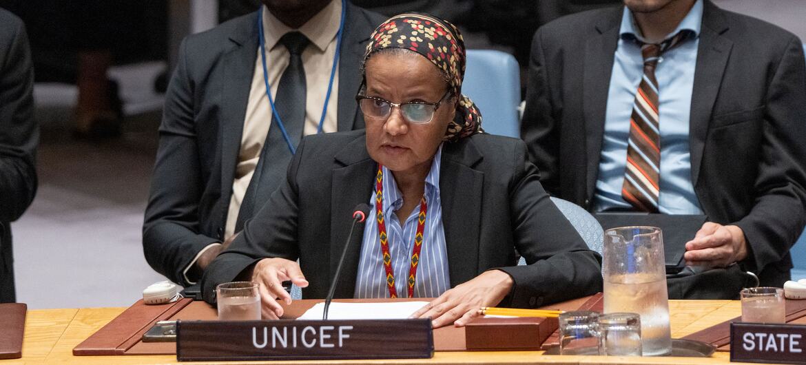 UNICEF副执行主任汉南·苏莱曼在联合国安理会发表讲话。