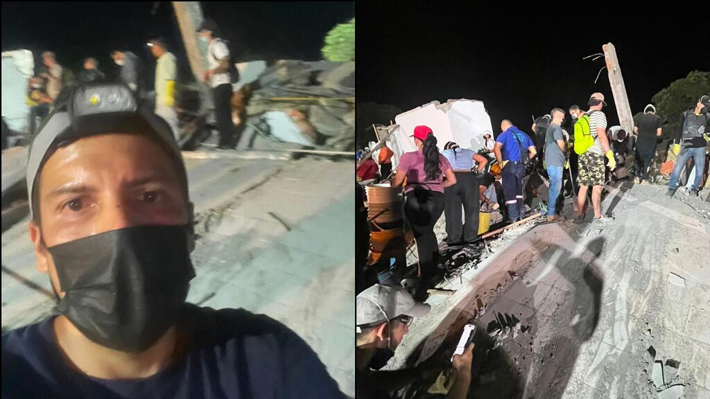 Un collage de deux photos prises lors du tremblement de terre à Cali, en Colombie. L'image de gauche est un selfie d'un homme portant un masque, avec des décombres en arrière-plan, de nuit. L'image de droite montre des secouristes et des civils fouillant les décombres.