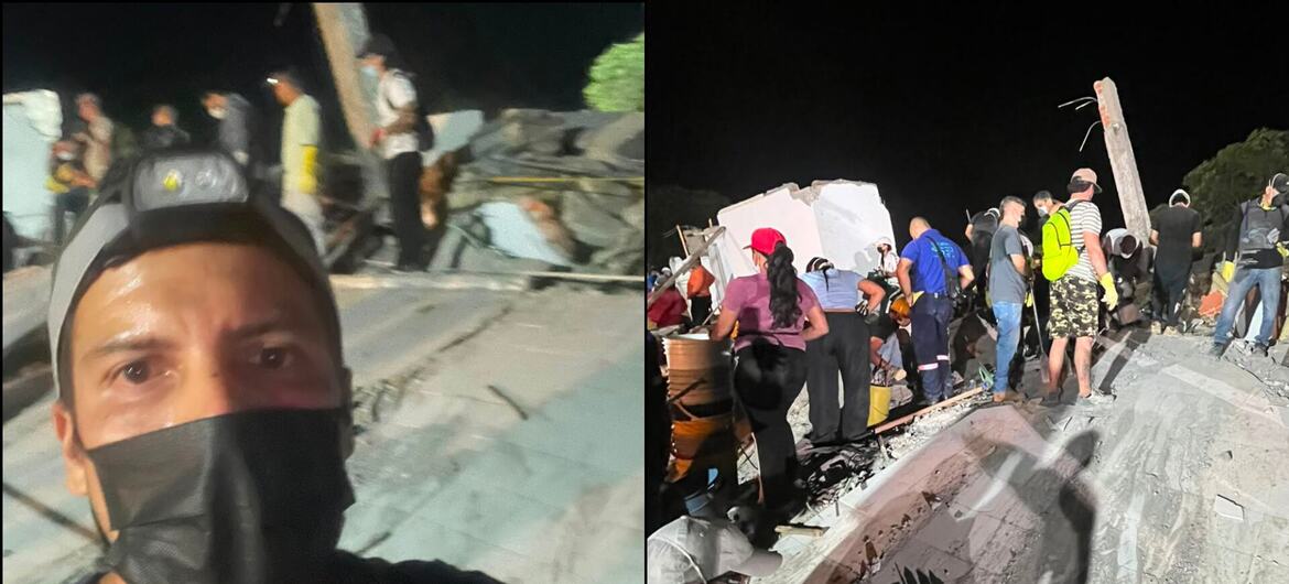 A collage of two photos from an earthquake in Cali, Colombia. The left image is a selfie of a man wearing a mask with rubble behind him at night. The right image shows rescue workers and civilians searching through the wreckage.