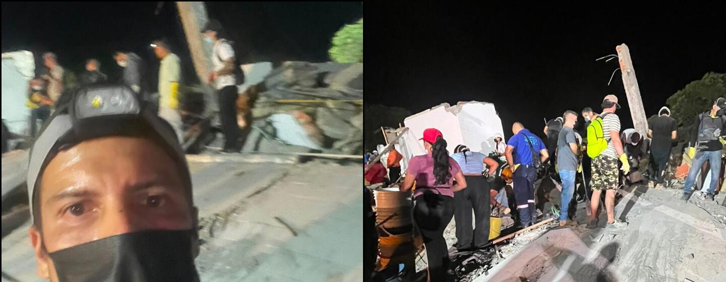 Uma colagem de duas fotos do terremoto em Cali, Colômbia. A imagem da esquerda é uma selfie de um homem usando máscara com escombros ao fundo, à noite. A imagem da direita mostra equipes de resgate e civis vasculhando os destroços.