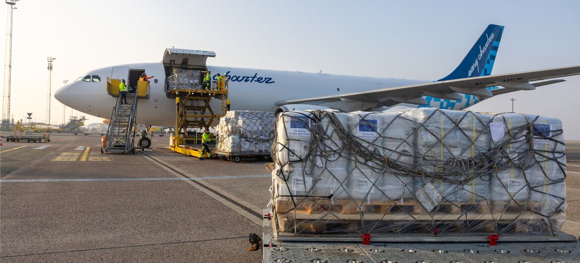 Operários carregam grandes paletes de carga embalada em um avião fretado na pista de um aeroporto.