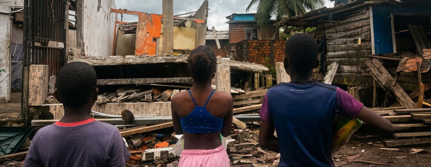 Trois enfants contemplent les bâtiments en bois et en béton endommagés dans un quartier après un tremblement de terre.