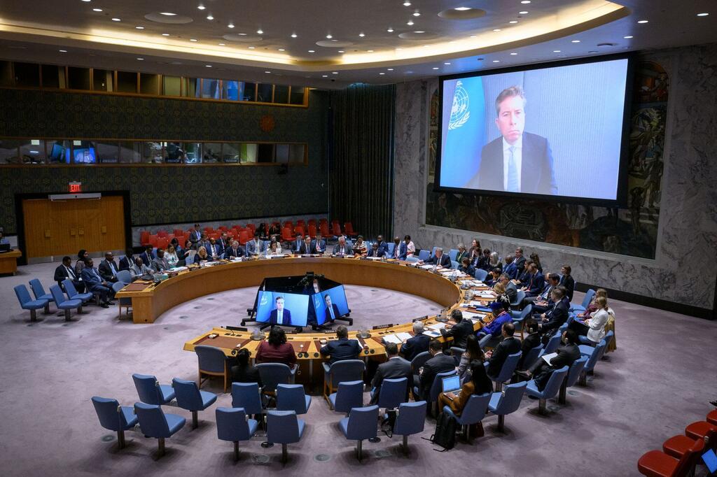 Photo de l'ONU: Tom Fletcher informe le Conseil de sécurité sur le Soudan et le Soudan du Sud depuis un écran dans la salle du Conseil.