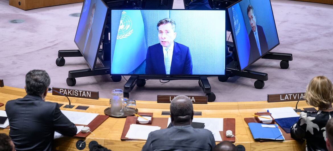 在纽约举行的联合国安理会会议上，汤姆·弗莱彻出现在大屏幕上，向成员们简要介绍了苏丹和南苏丹的局势。