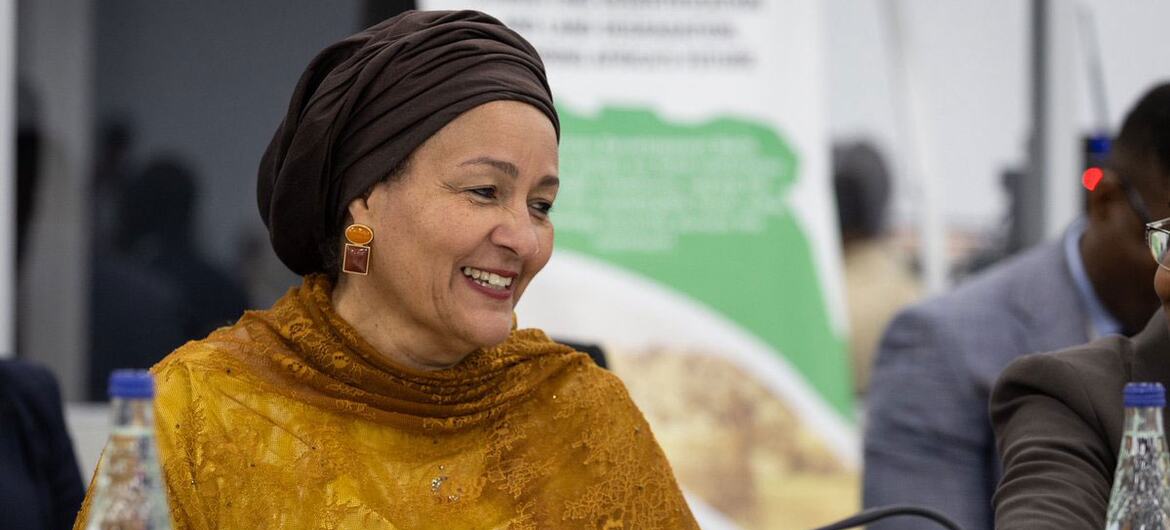 UN Deputy Secretary-General Amina J. Mohammed smiles while seated at a table during the 17th Session of the Conference of the Parties to the UNCCD in Ulaanbaatar, Mongolia.