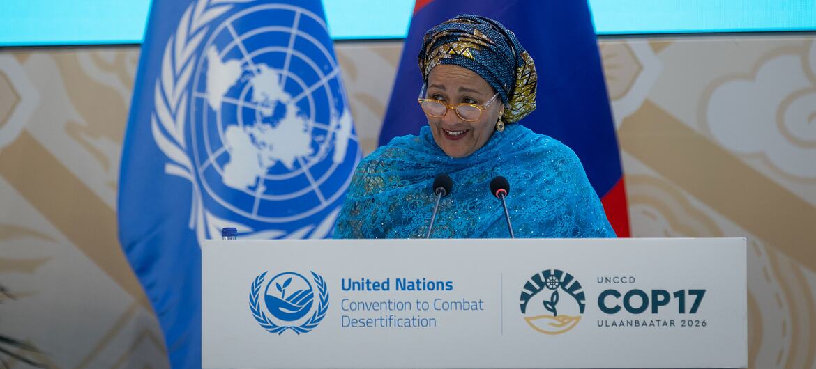 UN Deputy Secretary-General Amina J. Mohammed speaks at a podium during the Ministerial Dialogue on Drought Resilience at UNCCD COP17 in Ulaanbaatar.