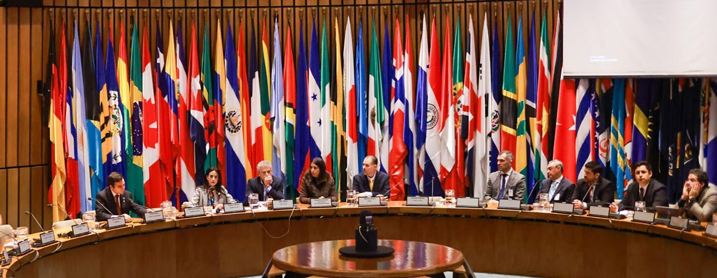 Diplomáticos sentados en una mesa curva en una sala de conferencias de las Naciones Unidas , con las banderas nacionales de los estados miembros dispuestas detrás de ellos y una pantalla que muestra a un orador remoto.