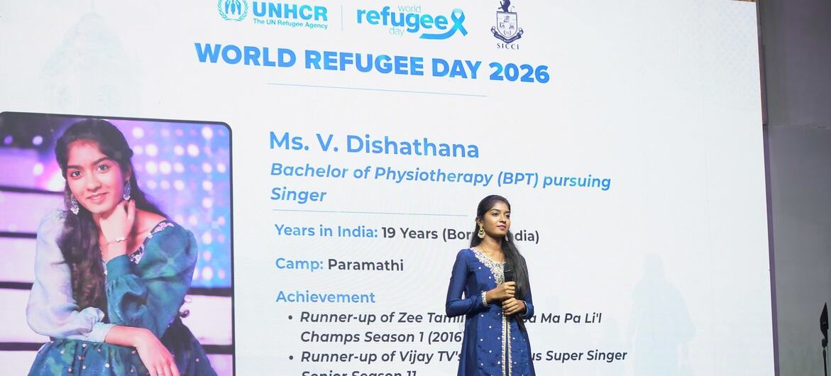 दिशातना, विश्व शरणार्थी दिवस समारोह के तहत चेन्नई में आयोजित UNHCR–SICCI साझेदारी मंच के एक कार्यक्रम में प्रस्तुति देती हुईं.