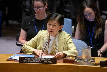 Le Haut Représentant des ONU pour les affaires de désarmement, Izumi Nakamitsu, prend la parole à la tribune lors d'une session du Conseil de sécurité à New York.