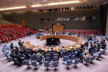 Des délégués assis autour de la table en forme de fer à cheval dans la salle du Conseil de sécurité des Nations Unies lors d'une réunion sur la situation au Moyen-Orient et en Syrie.