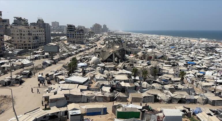 Vue aérienne d'un immense campement de tentes et de bâtiments endommagés le long du littoral de la bande de Gaza, près de la mer Méditerranée.