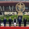 नई दिल्ली के भारत मंडपम में 18वें ब्रिक्स शिखर सम्मेलन के दौरान ब्रिक्स देशों के नेता.