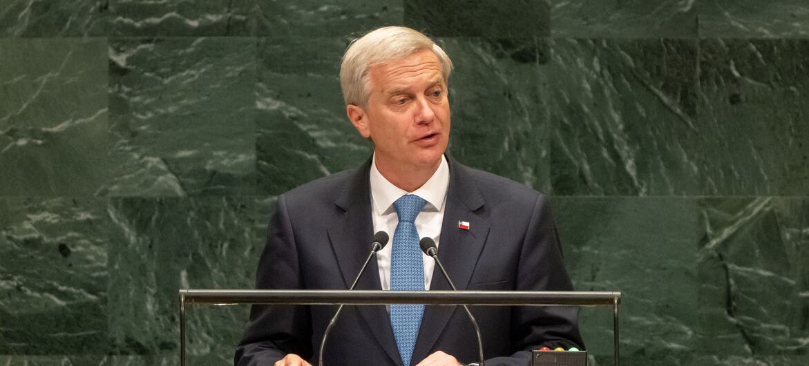 El presidente de Chile, José Antonio Kast, interviene en un podio de las Naciones Unidas durante el debate general del 81.º período de sesiones en Nueva York.