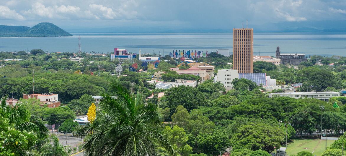 Vista panorámica del horizonte de la capital nicaragüense y del lago desde un mirador en la cima de una colina, con palmeras en primer plano bajo un cielo parcialmente nublado.