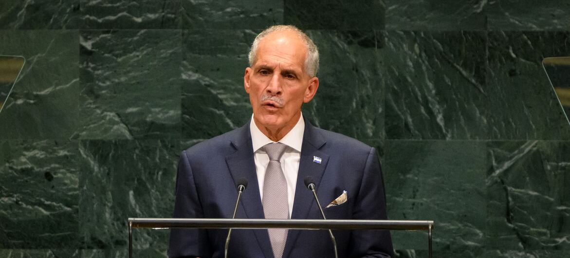 El presidente de Honduras, Nasry Asfura Zablah, interviene en un podio de las Naciones Unidas durante el octogésimo primer período de sesiones de la Asamblea General.
