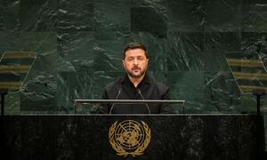President Volodymyr Zelenskyy of Ukraine speaks at a United Nations podium during the General Debate of the 81st UN General Assembly session.