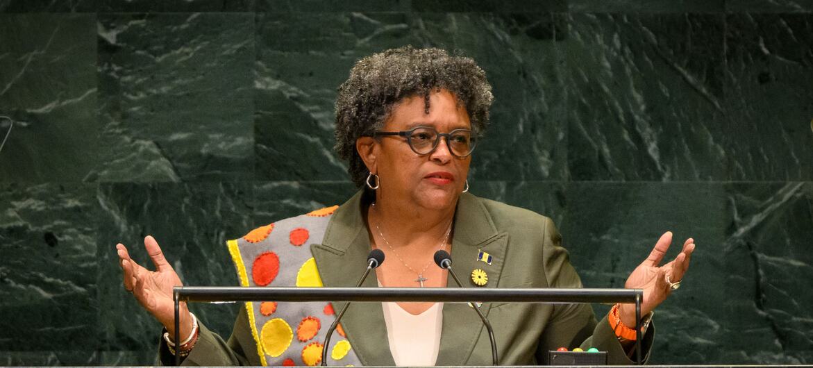 Mia Amor Mottley, Prime Minister of Barbados, addresses the United Nations General Assembly from a podium.