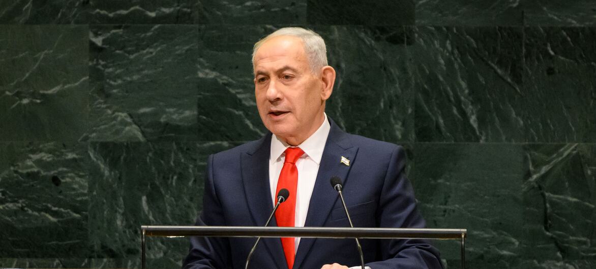 Le Premier ministre israélien Benjamin Netanyahu prend la parole à la tribune des Nations Unies lors d'une session de l'Assemblée générale de ONU à New York.