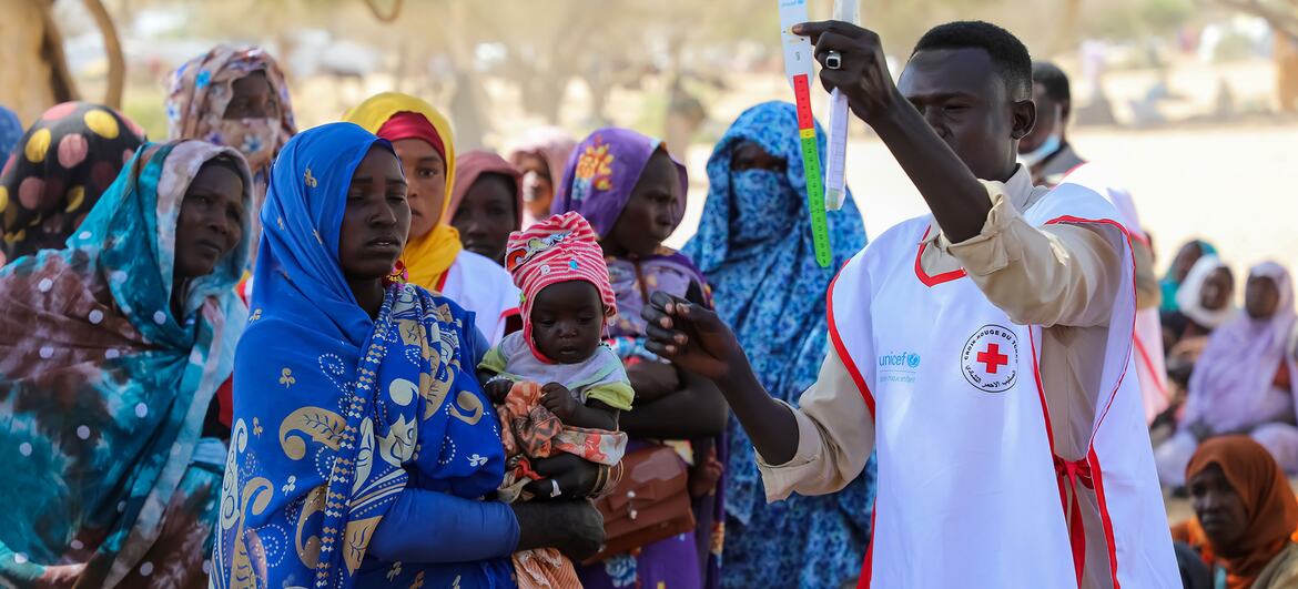 Une agente de santé de UNICEF et de la Croix-Rouge fait la démonstration d'un ruban métrique pour mesurer le tour de bras à des mères africaines tenant des nourrissons lors d'une séance en plein air dans le camp de réfugiés de Marassabré au Tchad.