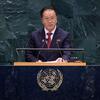 Kim Son Gyong, Vice Minister for Foreign Affairs of North Korea, speaks at a podium bearing the United Nations emblem during an official address.