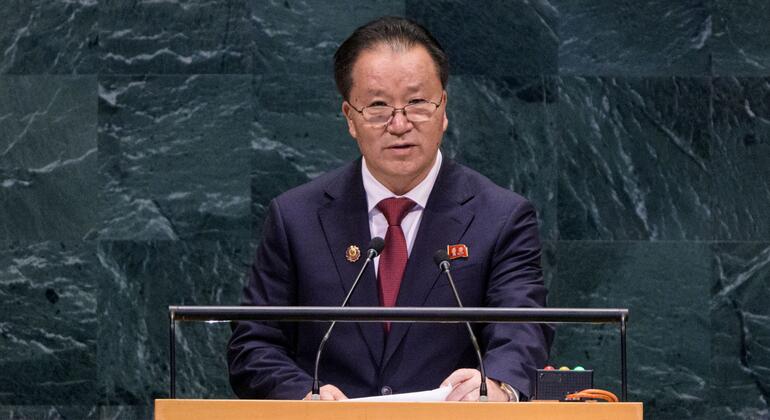 朝鲜外交部副部长金善京在印有United Nations徽章的讲台上发表正式讲话。