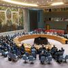 مندوبین ایک رسمی میٹنگ کے دوران United Nations سلامتی کونسل کے چیمبر میں خمیدہ میز کے گرد بیٹھے ہیں۔
