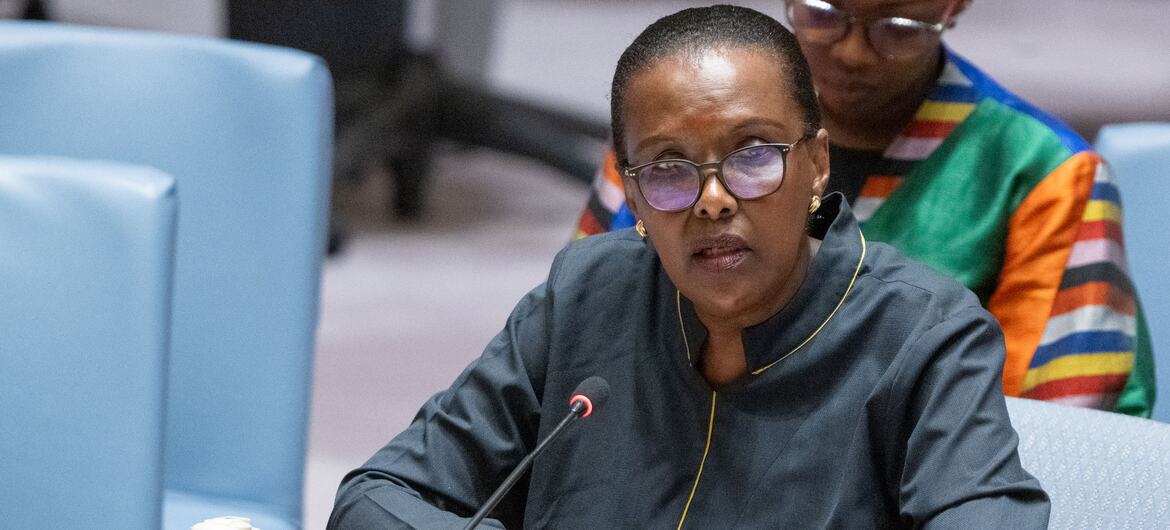 Valentine Rugwabiza speaks into a microphone at a United Nations Security Council table during a briefing on the Central African Republic.