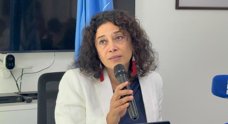 Elisa Morgera Ouri Pota fala em um microfone de mão enquanto está sentada em uma sala de reuniões com uma bandeira azul, uma tela e um microfone de transmissão por perto.