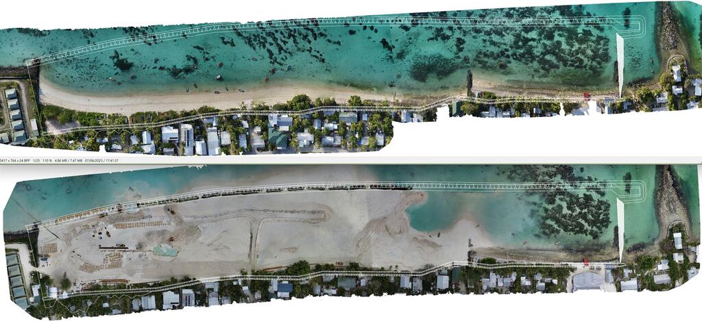 Aerial comparison of a coastal area in Tuvalu showing before and after land reclamation under the Tuvalu Coastal Adaptation Project (TCAP). The top image shows the original beach with a beach and houses, while the bottom image shows the construction site with new land being built.