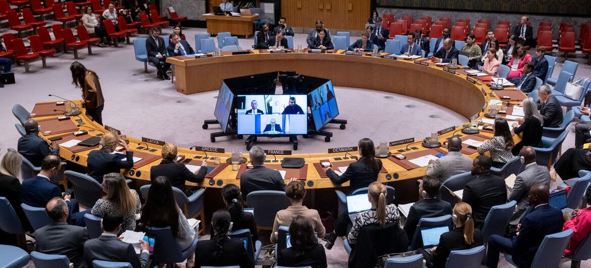 A wide view of a UN Security Council meeting on the situation in the Middle East, including the Palestinian question, in New York.