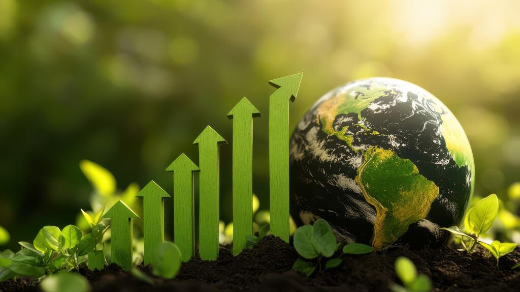 Des flèches vertes pointant vers le haut s'élèvent du sol parmi les plantes, à côté d'un globe, symbolisant une croissance économique durable et une responsabilité environnementale.